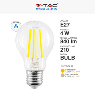 V-Tac VT-2334 Lampadina LED E27 4W Bulb A60 Goccia Filament in