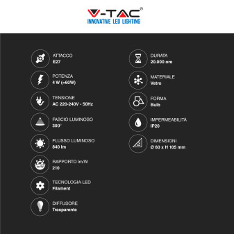 V-Tac VT-2334 Lampadina LED E27 4W Bulb A60 Goccia Filament in
