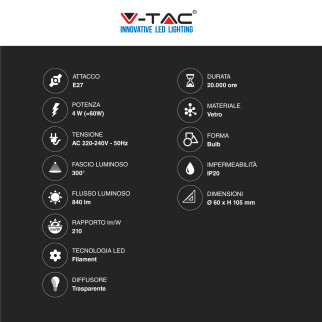 V-Tac VT-2334 Lampadina LED E27 4W Bulb A60 Goccia Filament in