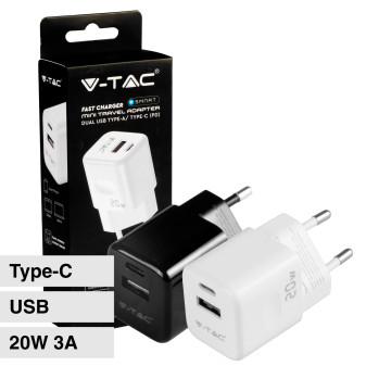V-Tac Smart VT-5320 Caricabatterie con Spina 10A 2P Adattatore Porta USB e Type-C Ricarica Rapida