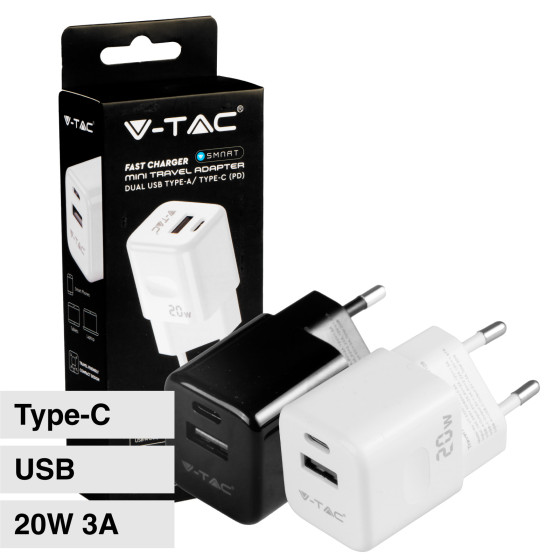 V-Tac Smart VT-5320 Caricabatterie con Spina 10A 2P Adattatore Porta USB e Type-C Ricarica Rapida V-Tac Smart VT-5320 Caricabatterie con Spina 10A 2P Adattatore Porta USB e Type-C Ricarica Rapida