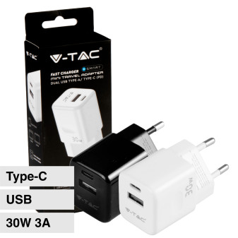 V-Tac Smart VT-5330 Caricabatterie con Spina 10A 2P Adattatore Porta USB e Type-C Ricarica Rapida
