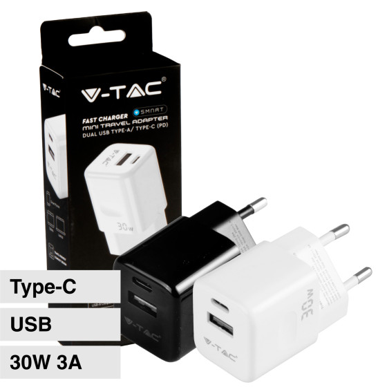 V-Tac Smart VT-5330 Caricabatterie con Spina 10A 2P Adattatore Porta USB e Type-C Ricarica Rapida V-Tac Smart VT-5330 Caricabatterie con Spina 10A 2P Adattatore Porta USB e Type-C Ricarica Rapida
