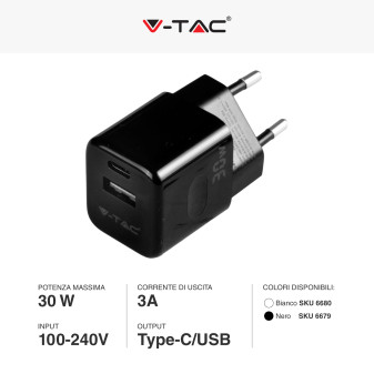 V-Tac Smart VT-5330 Caricabatterie con Spina 10A 2P Adattatore Porta USB e Type-C Ricarica Rapida