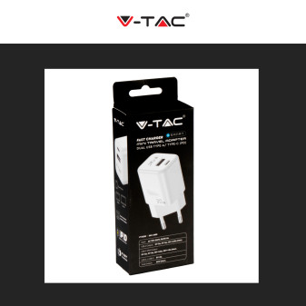 V-Tac Smart VT-5330 Caricabatterie con Spina 10A 2P Adattatore Porta USB e Type-C Ricarica Rapida