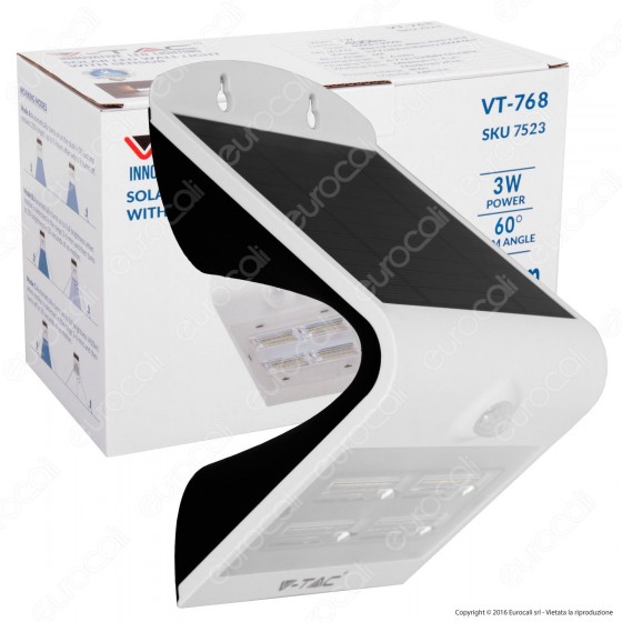 V-Tac VT-768 Lampada da Muro LED 3W con Pannello Solare e Sensore - SKU 7523