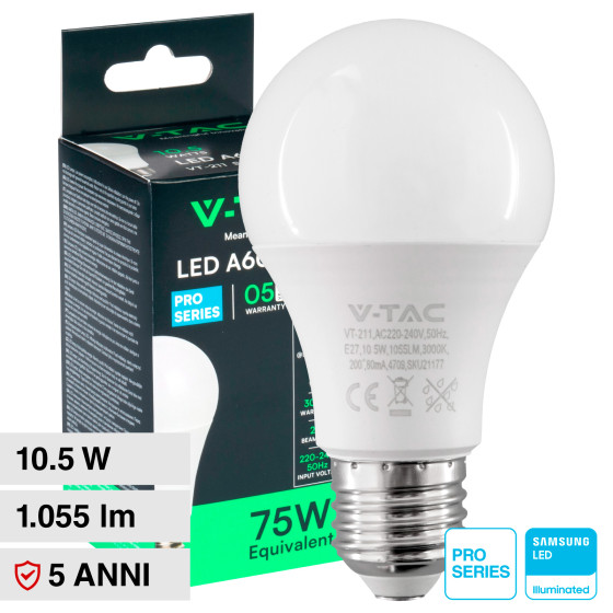 V-Tac Pro VT-211 Lampadina LED E27 10.5W Bulb A60 Goccia SMD Chip Samsung - SKU 21177 / 21178 / 21179