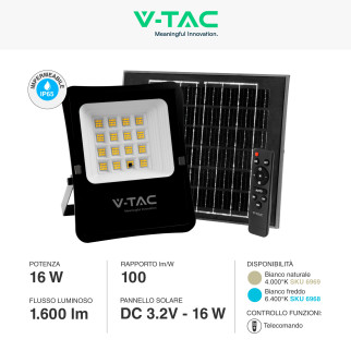 VT-55200 Faro LED 16W con Pannello Solare IP65 Nero V-Tac