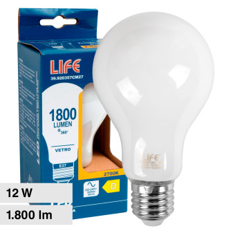 Life Lampadina LED E27 12W Bulb A70 Goccia Filament in Vetro Milky - mod....