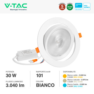 VT-2-30 Faretto LED 30W da Incasso Chip Samsung V-Tac Pro