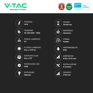 VT-2-10 Faretto LED 10W da Incasso Chip Samsung V-Tac Pro