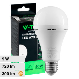 V-Tac VT-509 Lampadina LED E27 9W Bulb A70 Goccia SMD Luce Emergenza Anti...