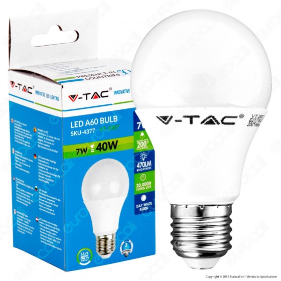 V-Tac VT-2007 Lampadina LED E27 7W Bulb A60 - SKU 4376 / 4377 / 4378 V-Tac VT-2007 Lampadina LED E27 7W Bulb A60 - SKU 4376 / 4377 / 4378