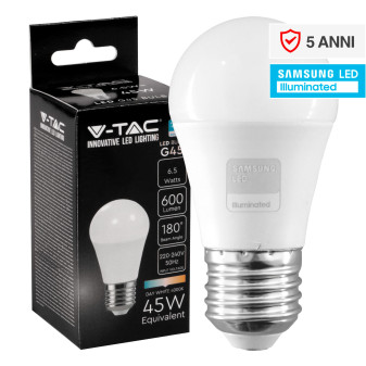 V-Tac VT-290 Lampadina LED E27 6.5W Bulb G45 MiniGlobo SMD Chip Samsung - SKU...