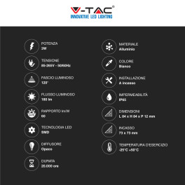VT-307 Mini Pannello LED SMD Quadrato 3W da Incasso V-Tac