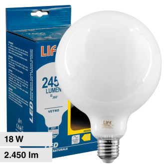 Life Lampadina LED E27 18W Bulb G125 Globo Milky Filament in Vetro - mod....