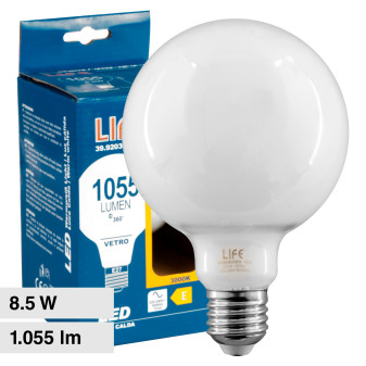 Life Lampadina LED E27 8.5W Bulb G95 Globo Milky Filament in Vetro - mod....