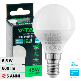 V-Tac Pro VT-270 Lampadina LED E14 6.5W Bulb P45 MiniGlobo SMD Chip Samsung -...