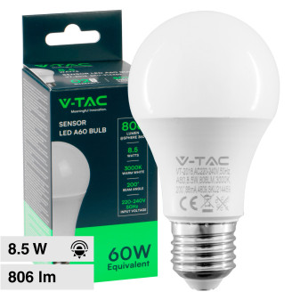 V-Tac VT-2016 Lampadina LED E27 8.5W Bulb A60 Goccia SMD con Sensore...