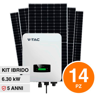 V-Tac Kit 6.30kW 14 Pannelli Solari Fotovoltaici 450W IP68 + Inverter Ibrido...