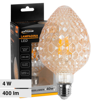 Universo Lampadina LED E27 4W Filament Forma Ovale Vetro Ambrato Effetto...
