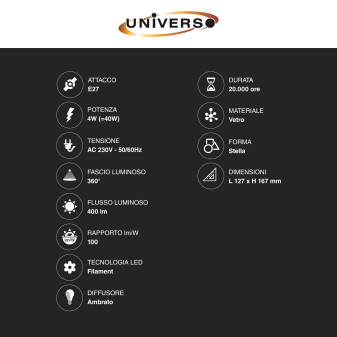Lampadina LED E27 4W Stella Filament Ambrata Universo