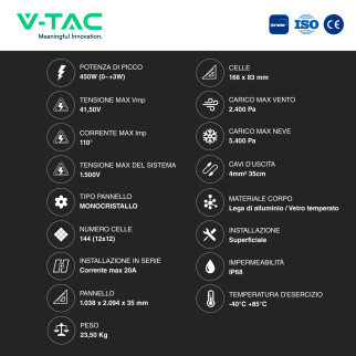 VT-450 11 Pannelli Solari Fotovoltaici 36V 450W IP68 V-Tac