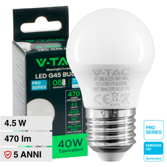 V-Tac Pro VT-246 Lampadina LED E27 4.5W Bulb G45 MiniGlobo SMD Chip Samsung -...