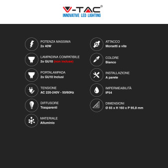 VT-11015 Porta Lampada da Muro per GU10 Applique IP54 V-Tac