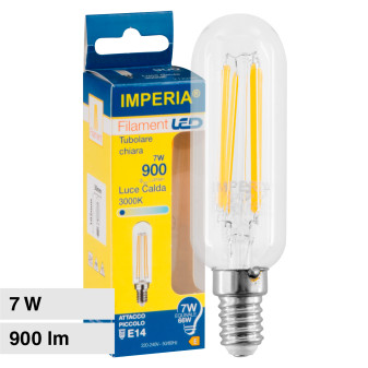 Imperia Lampadina LED E14 7W Bulb T30 Tubolare Filament in Vetro Trasparente...