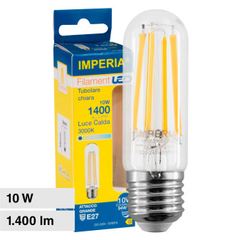 Imperia Lampadina LED E27 10W Bulb T30 Tubolare Filament in Vetro Trasparente...