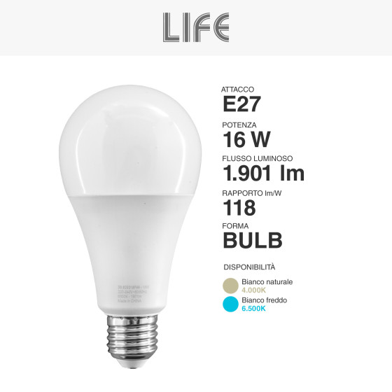 Lampadina LED Goccia A70 E27 16W 4000K Luce Naturale Life Electronics