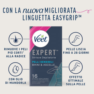 Strisce Depilatorie Bikini & Ascelle per Pelli Sensibili Veet Expert 16pz