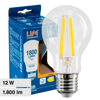 Life Lampadina LED E27 12W Bulb A70 Goccia Filament Vetro Trasparente - mod....