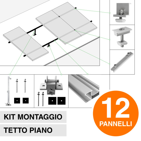 Kit Struttura per Montaggio di 12 Pannelli Solari su Tetto Piano Kit Struttura per Montaggio di 12 Pannelli Solari su Tetto Piano