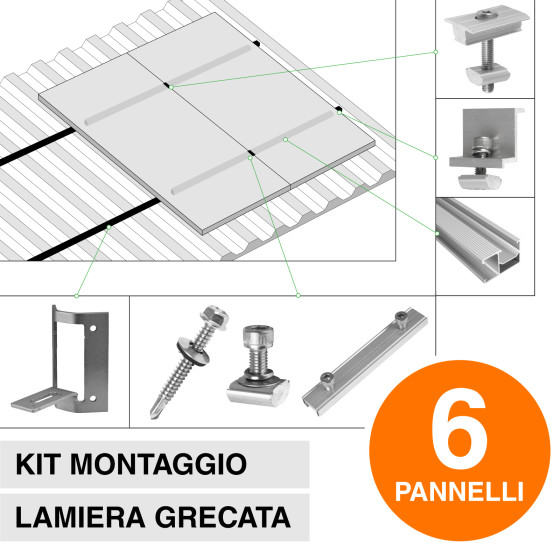Kit Struttura per Montaggio di 6 Pannelli Solari Lamiera Grecata Kit Struttura per Montaggio di 6 Pannelli Solari Lamiera Grecata