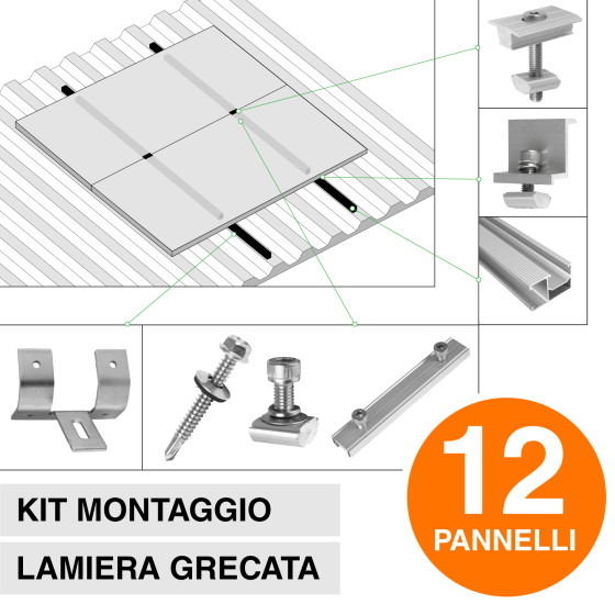 Kit Struttura Montaggio 12 Pannelli Solari Tetto Grecata Kit Struttura Montaggio 12 Pannelli Solari Tetto Grecata