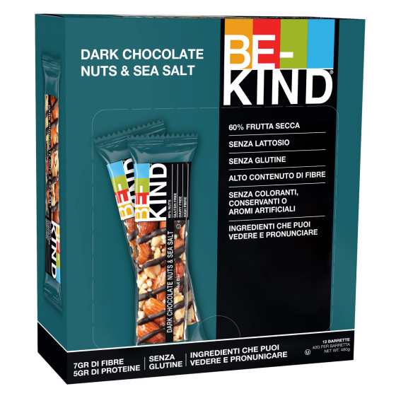 Dark Chocolate Nuts & Sea Salt 12 Barrette 40g Be-Kind Dark Chocolate Nuts & Sea Salt 12 Barrette 40g Be-Kind