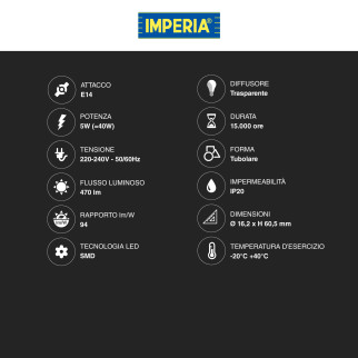 Lampadina LED E14 5W Tubolare T16 SMD Trasparente Imperia