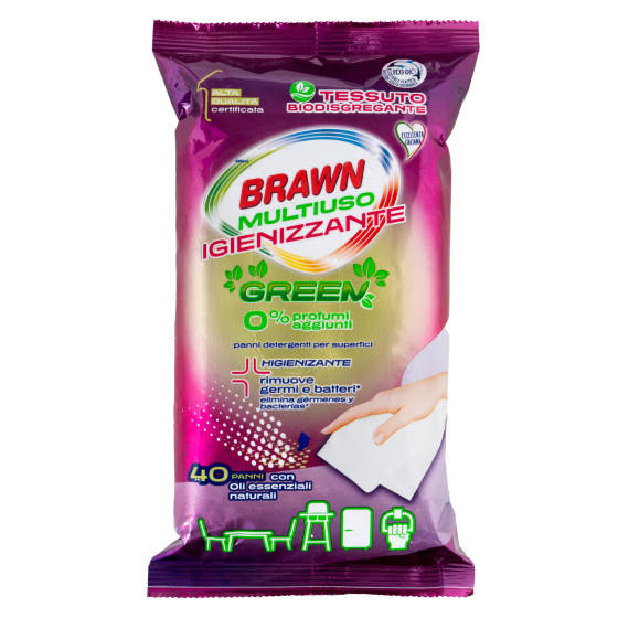 40 Panni Multiuso Umidificati per Superfici Brawn Igienizzanti Green 40 Panni Multiuso Umidificati per Superfici Brawn Igienizzanti Green