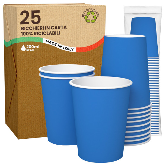25 Bicchieri in Carta Biodegradabile Blu da 200ml 25 Bicchieri in Carta Biodegradabile Blu da 200ml