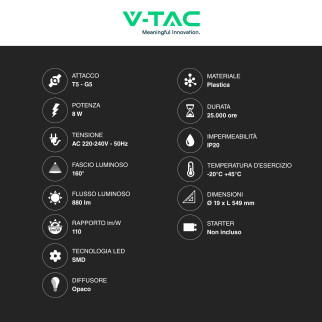 V-Tac VT-6005 Tubo LED T5 G5 8W SMD Plastica Lampadina 60cm