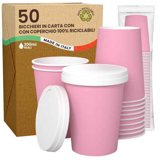 50 Bicchieri in Carta Riciclabile Rosa da 200ml con Coperchi 50 Bicchieri in Carta Riciclabile Rosa da 200ml con Coperchi