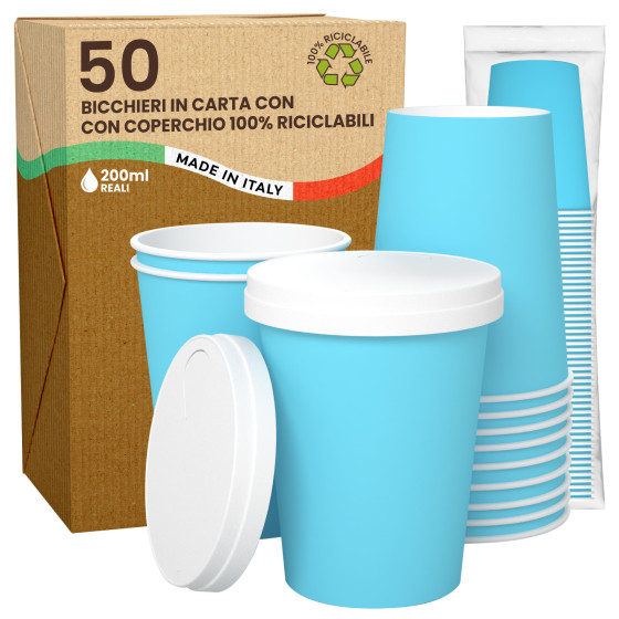 50 Bicchieri in Carta Riciclabile Colore Celeste da 200ml e Coperchi 50 Bicchieri in Carta Riciclabile Colore Celeste da 200ml e Coperchi