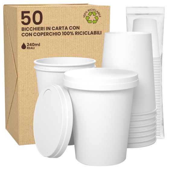 50 Bicchieri in Carta Bianca Con Coperchi da 240ml 50 Bicchieri in Carta Bianca Con Coperchi da 240ml