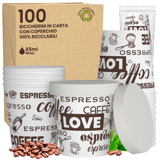 100 Bicchierini in Carta Riciclabile LoveWhiteCUP da 65ml e Coperchi 100 Bicchierini in Carta Riciclabile LoveWhiteCUP da 65ml e Coperchi