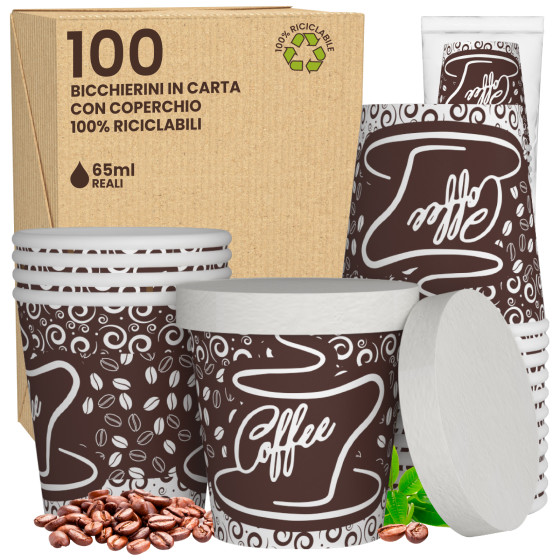 100 Bicchierini in Carta Riciclabile Coffee da 65ml e Coperchi 100 Bicchierini in Carta Riciclabile Coffee da 65ml e Coperchi