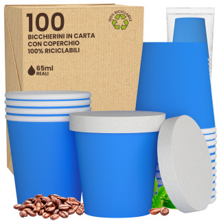 100 Bicchierini in Carta Riciclabile Colore Azzurro da 65ml e Coperchi