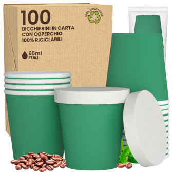 Bicchierini da Caffè in Carta Riciclabile Colore Verde da 65ml con Coperchi -...