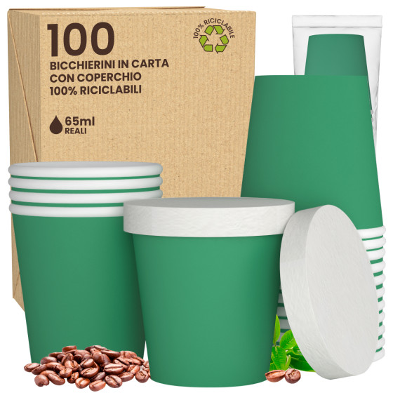 100 Bicchierini in Carta Riciclabile Colore Verde da 65ml e Coperchi 100 Bicchierini in Carta Riciclabile Colore Verde da 65ml e Coperchi